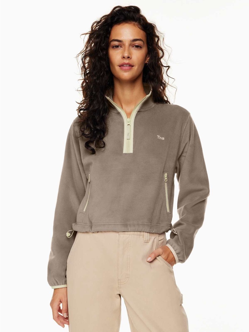 TNA | S | Mock-neck half-zip Fleece Pullover Sno Polar Sweater in Taupe